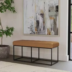 Kirklands Home Benches & Ottomans|Caramel Faux Leather Upholstered Metal Frame Bench Tan