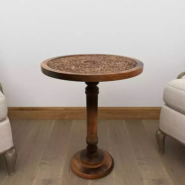 Kirklands Home Accent & End Tables|Carved Mandala Mango Wood Accent Table Brown