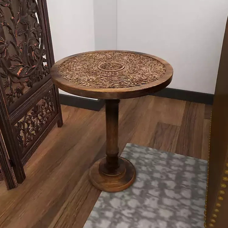 Kirklands Home Accent & End Tables|Carved Mandala Mango Wood Accent Table Brown