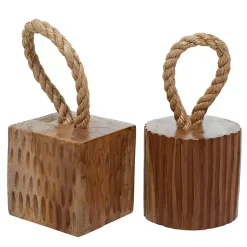 Discount Carved Teak Wood and Rope Door Stoppers, Set of 2 Decorative Accents