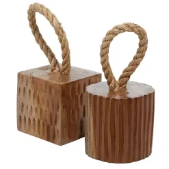 Discount Carved Teak Wood and Rope Door Stoppers, Set of 2 Decorative Accents