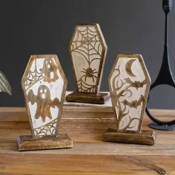 Hot Carved Wooden Coffin Statues, Set of 3 Halloween