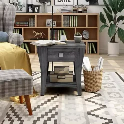 Kirklands Home Accent & End Tables|Charcoal Wood Single Drawer Side Table Gray