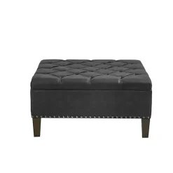 Kirklands Home Benches & Ottomans|Charocal Button Tufted Leather Ottoman Gray
