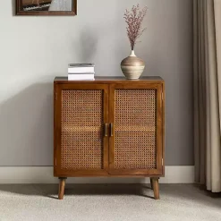Kirklands Home Cabinets & Sideboards|Cherry Wood Frame Rattan Front Cabinet Brown