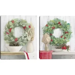 New Christmas Holly Wreath Canvas Art Prints, Set of 2 Christmas Art & Wall Decor