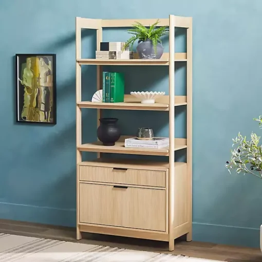 Kirklands Home Bookshelves|Coastal Oak 2-Drawer Modern Wood Bookcase Tan