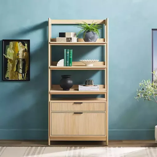 Kirklands Home Bookshelves|Coastal Oak 2-Drawer Modern Wood Bookcase Tan