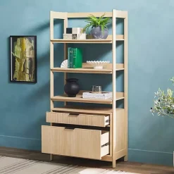Kirklands Home Bookshelves|Coastal Oak 2-Drawer Modern Wood Bookcase Tan