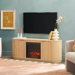 Kirklands Home Tv Stands & Media Consoles|Coastal Oak Reeded Fireplace Media Cabinet Tan