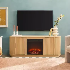 Kirklands Home Tv Stands & Media Consoles|Coastal Oak Reeded Fireplace Media Cabinet Tan