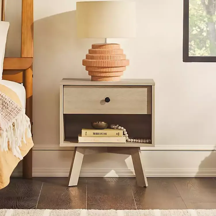 Kirklands Home Nightstands|Coastal Oak Wood Mid-century Modern Nightsd Tan