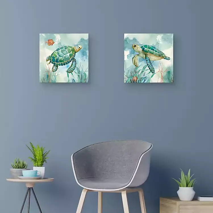 Kirklands Home Canvas Art|Coral Bay Sea Turtle Canvas Art Prints, Set of 2 Blue