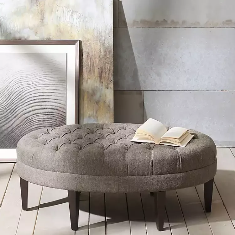 Kirklands Home Benches & Ottomans|Cory Tufted Beige Linen Ottoman Gray