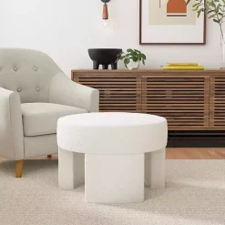 Kirklands Home Benches & Ottomans|Cream Boucle Round Upholstered Ottoman White