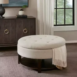 Kirklands Home Benches & Ottomans|Cream Button Tufted Storage Ottoman Ivory