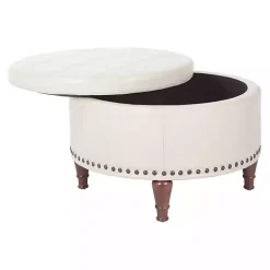 Kirklands Home Benches & Ottomans|Cream Leather Antique Nailhead Storage Ottoman Ivory