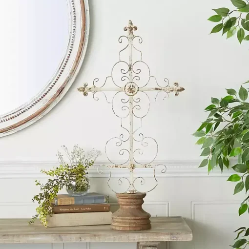 Sale Cream Metal Ornate Cross Tabletop Sculpture Statues & Figurines