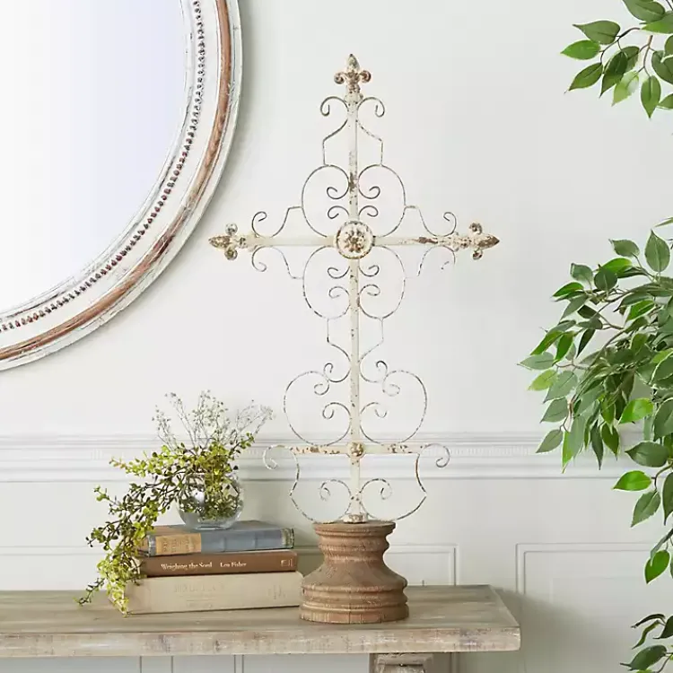 Sale Cream Metal Ornate Cross Tabletop Sculpture Statues & Figurines