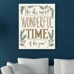 Discount Cream Most Wonderful Time Greenery Canvas Print Christmas Art & Wall Decor
