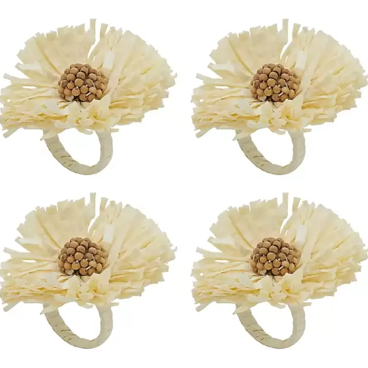 Kirklands Home Table Linens|Cream Raffia Flower Napkin Rings, Set of 4 Ivory