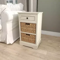 Kirklands Home Accent & End Tables|Cream Wood Side Table with Woven Baskets Ivory