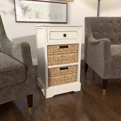 Kirklands Home Accent & End Tables|Cream Wood Side Table with Woven Baskets Ivory