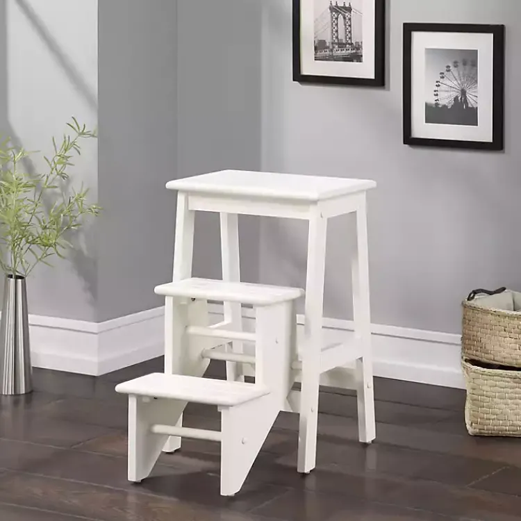 Kirklands Home Bar Stools & Counter Height Stools|Cream Wooden 3-Level Step Stool Ivory