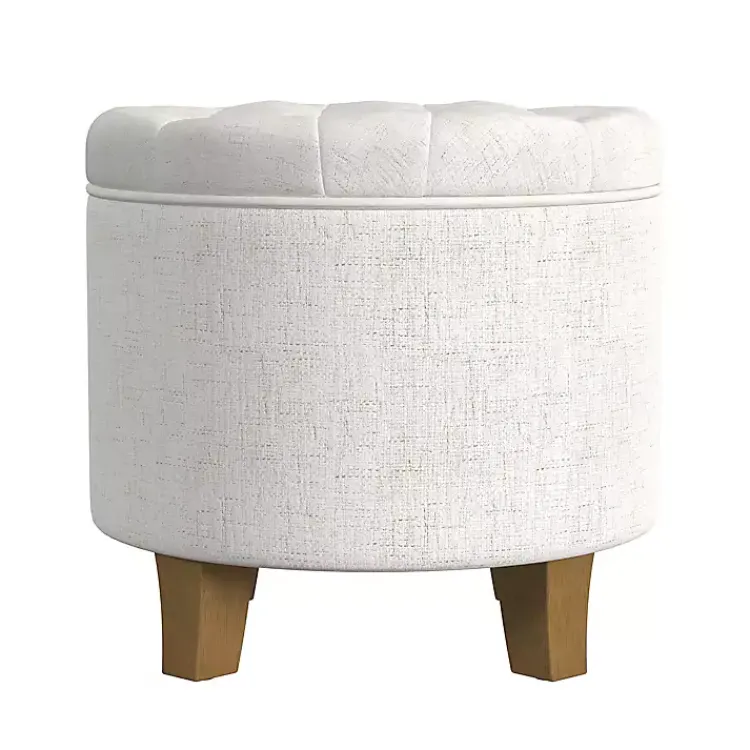 Kirklands Home Benches & Ottomans|Cream Woven Upholstered Tufted Storage Ottoman White