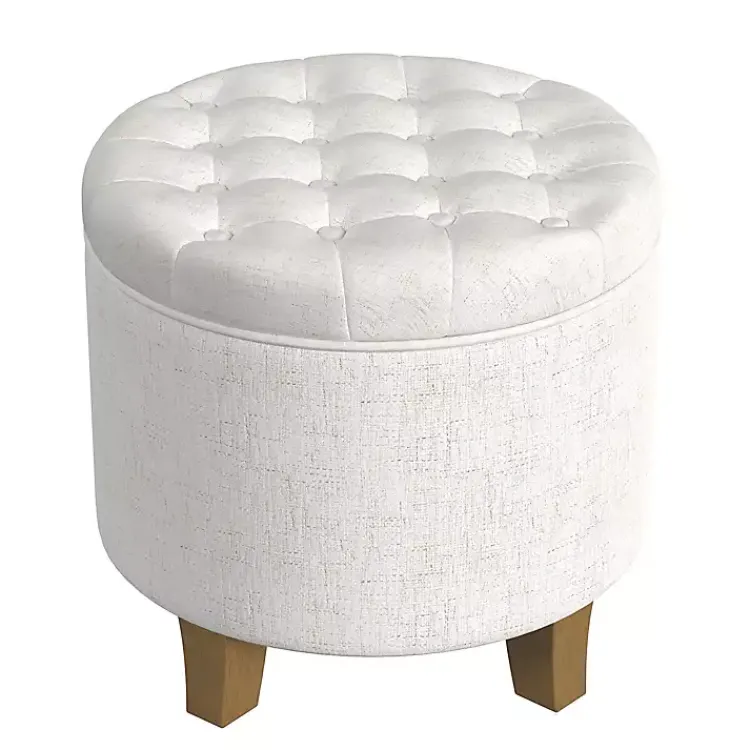 Kirklands Home Benches & Ottomans|Cream Woven Upholstered Tufted Storage Ottoman White