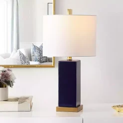 Kirklands Home Table Lamps|Dark Blue Ceramic Square Wendi Table Lamp White