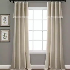 Kirklands Home Curtains & Drapes|Dark Linen Lace Curtain Panel Set, 84 in. Tan