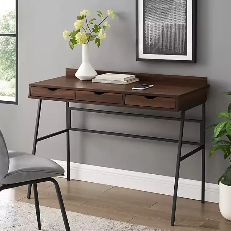 Kirklands Home Office Furniture|Dark Walnut Angled 3-Drawer Desk