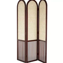 Online Dark Wood & Rattan Arched Trifold Room Divider Decorative Accents