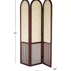Online Dark Wood & Rattan Arched Trifold Room Divider Decorative Accents