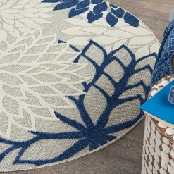 Kirklands Home Outdoor Rugs|Denim Floral Burst Round Outdoor Area Rug