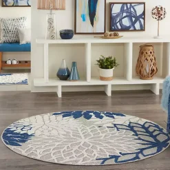 Kirklands Home Outdoor Rugs|Denim Floral Burst Round Outdoor Area Rug