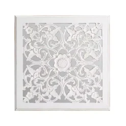 Kirklands Home Decorative Mirrors|Distressed Cream Carved Floral Medallion Mirror