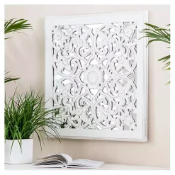 Kirklands Home Decorative Mirrors|Distressed Cream Carved Floral Medallion Mirror