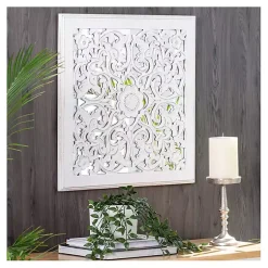 Kirklands Home Decorative Mirrors|Distressed Cream Carved Floral Medallion Mirror