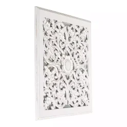 Kirklands Home Decorative Mirrors|Distressed Cream Carved Floral Medallion Mirror