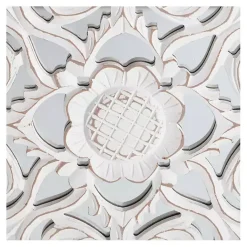 Kirklands Home Decorative Mirrors|Distressed Cream Carved Floral Medallion Mirror