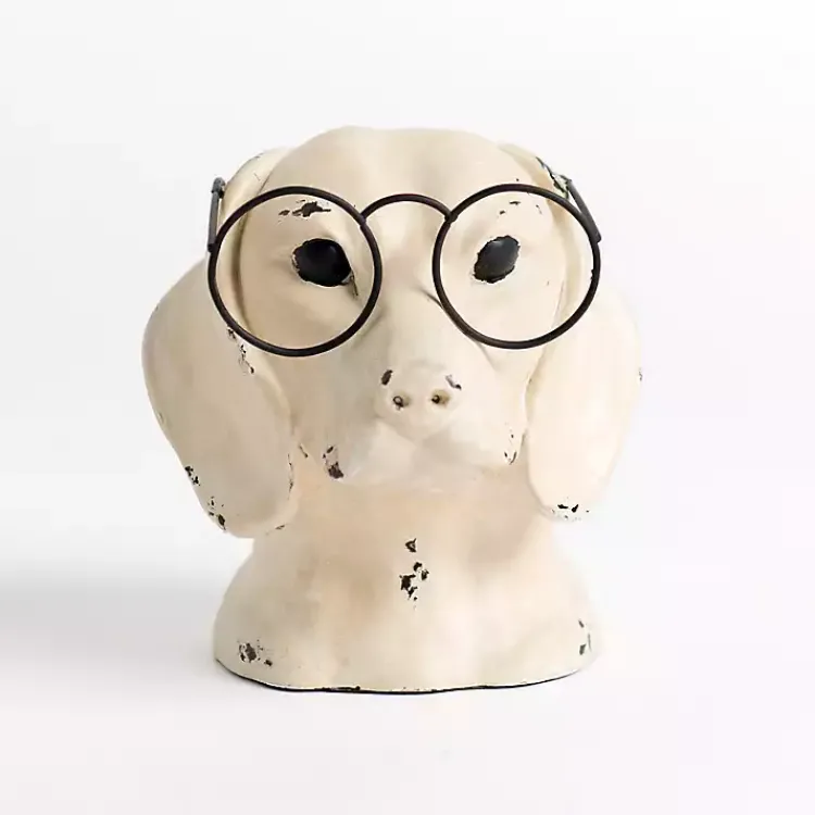 Distressed Cream Dog with Glasses Figurine Statues & Figurines