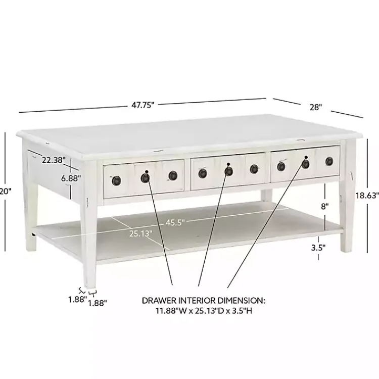 Kirklands Home Coffee Tables|Distressed Cream Wood 3-Drawer Coffee Table Ivory