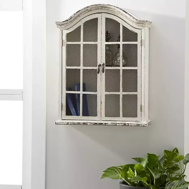 Kirklands Home Wall Storage|Distressed Cream Wood Wall Cabinet