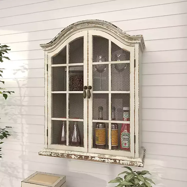 Kirklands Home Wall Storage|Distressed Cream Wood Wall Cabinet