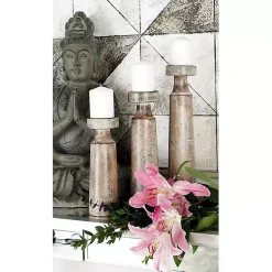 New Distressed Mocha Mango Wood Candlesticks, Set of 3 Candle Holders