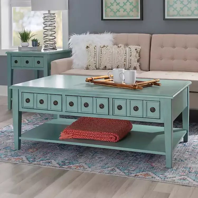 Kirklands Home Coffee Tables|Distressed Turquoise Wood 3-Drawer Coffee Table Blue