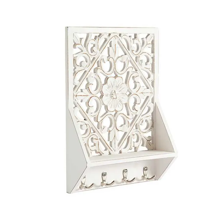Kirklands Home Wall Storage|Distressed White Floral Carved Wall Shelf