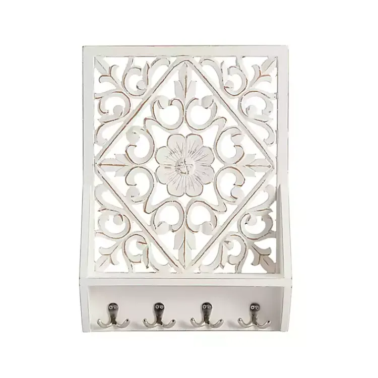 Kirklands Home Wall Storage|Distressed White Floral Carved Wall Shelf
